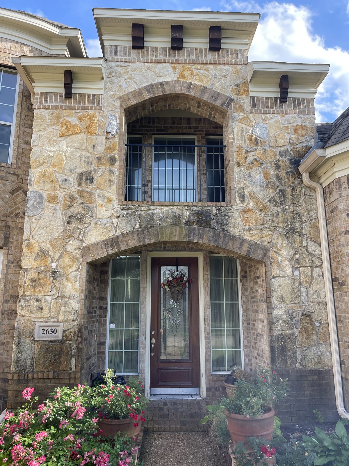 Algae- and dirt-streaked siding before professional house washing